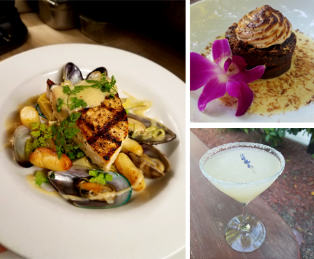Image of an entree, dessert and cocktail at Red Tavern
