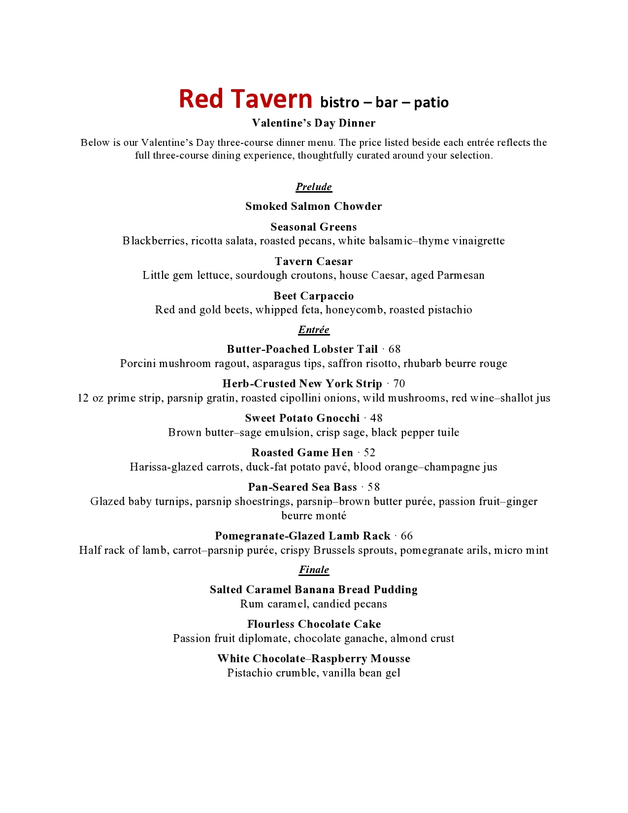 Red Tavern upcoming event: Valentine’s Day 2026